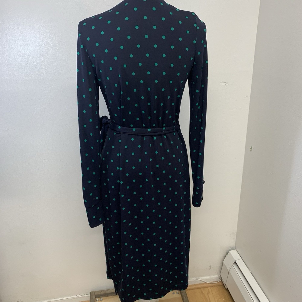 Ann Taylor Wrap Dress Navy Green Polka Dot Sz 4 Below Knee Business Travel Work - Picture 5 of 7